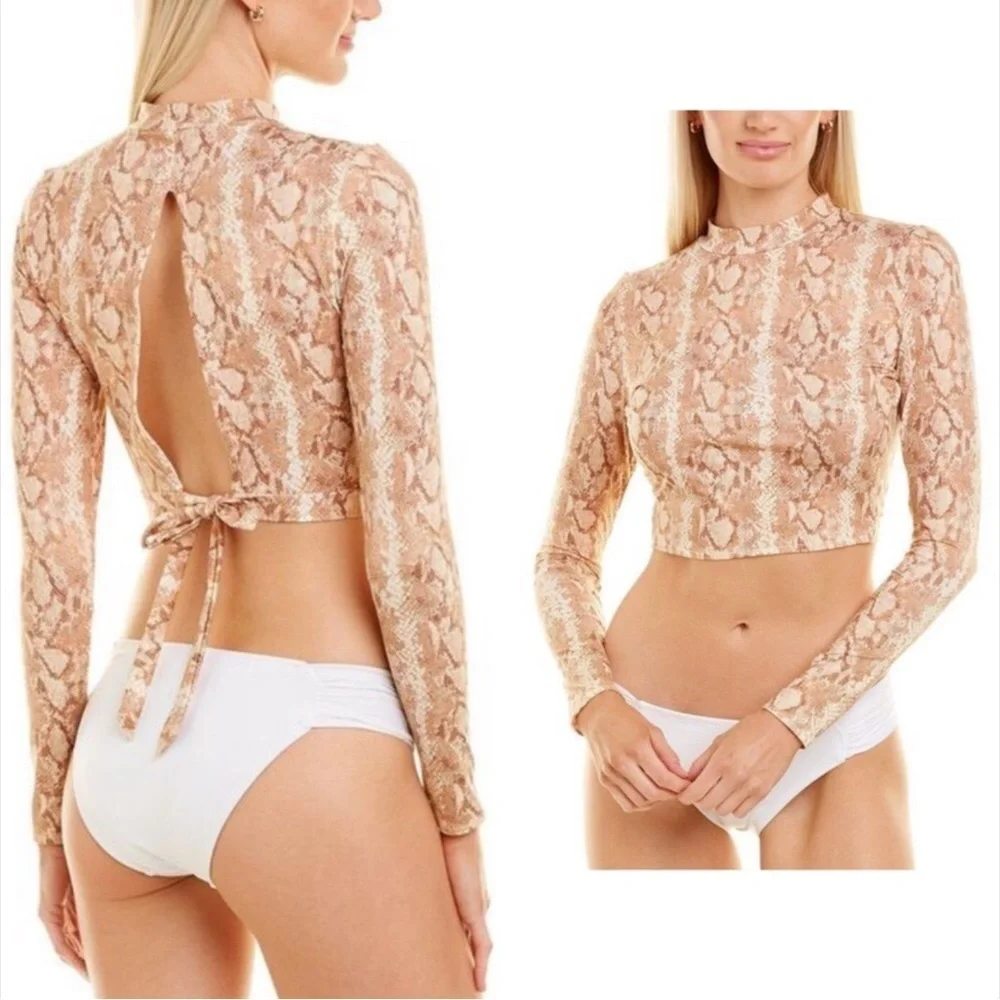 Vitamin A brown remy rash guard Swim Top tan cream snakeskin Large - Picture 2 of 8
